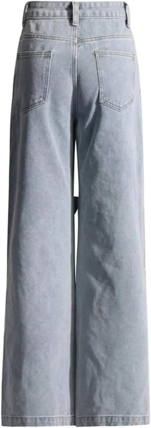 Floral Casual Denim Trousers for Women High Waist Spliced Button Loose Wide Leg Pants Female Autumn