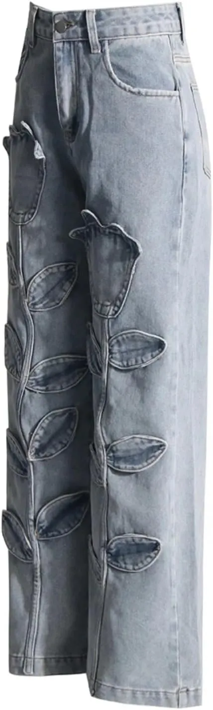 Floral Casual Denim Trousers for Women High Waist Spliced Button Loose Wide Leg Pants Female Autumn