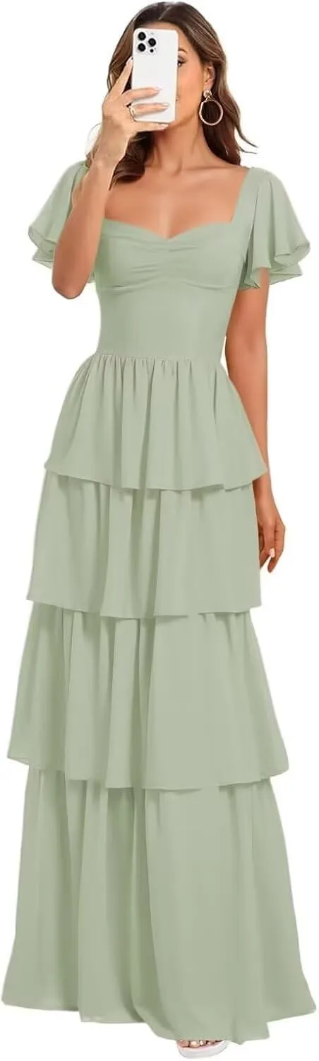 GATMAHE Short Sleeves Tiered Chiffon Bridesmaid Dresses for Women Ruffle Chiffon A Line Formal Evening Dress
