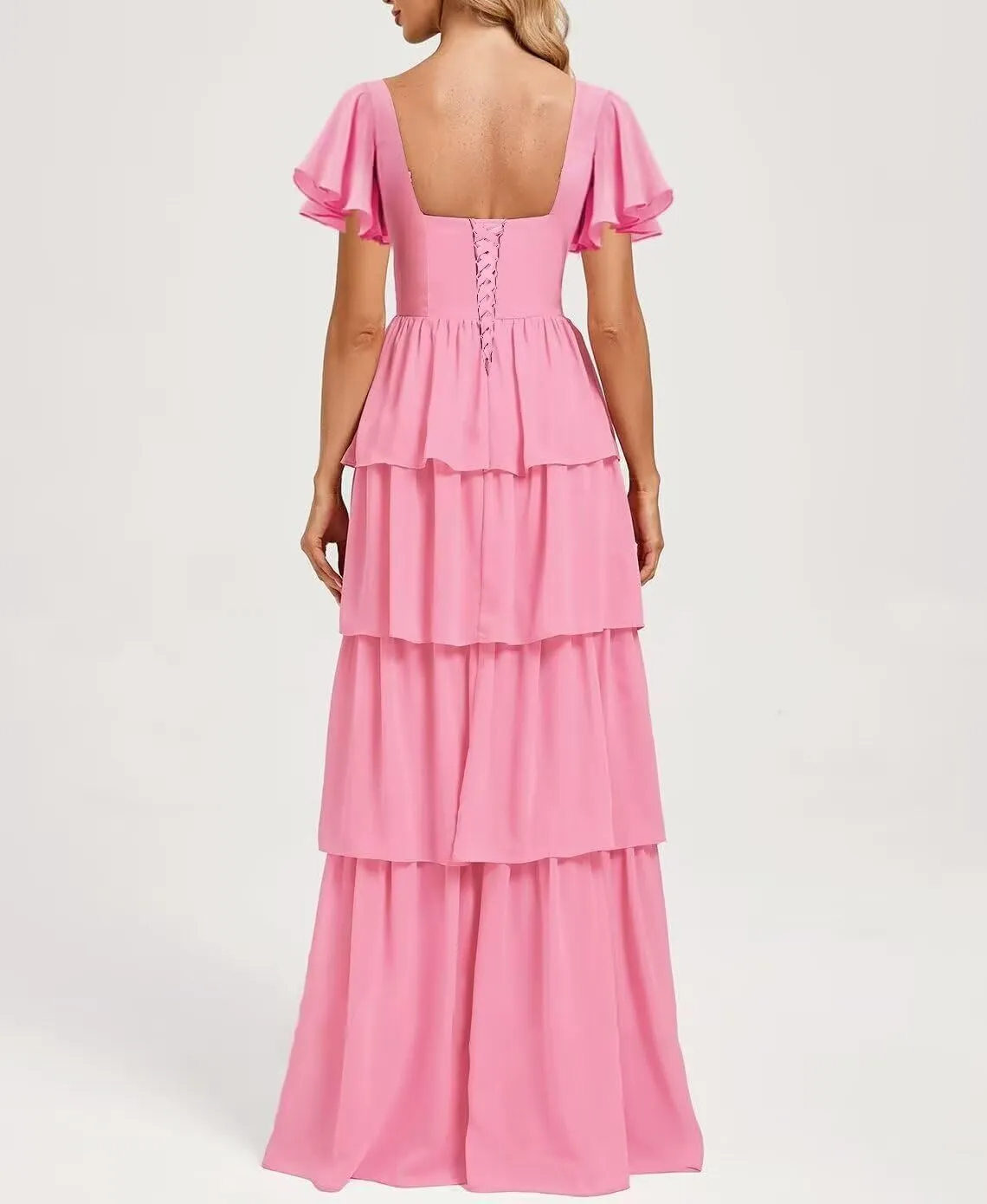 GATMAHE Short Sleeves Tiered Chiffon Bridesmaid Dresses for Women Ruffle Chiffon A Line Formal Evening Dress