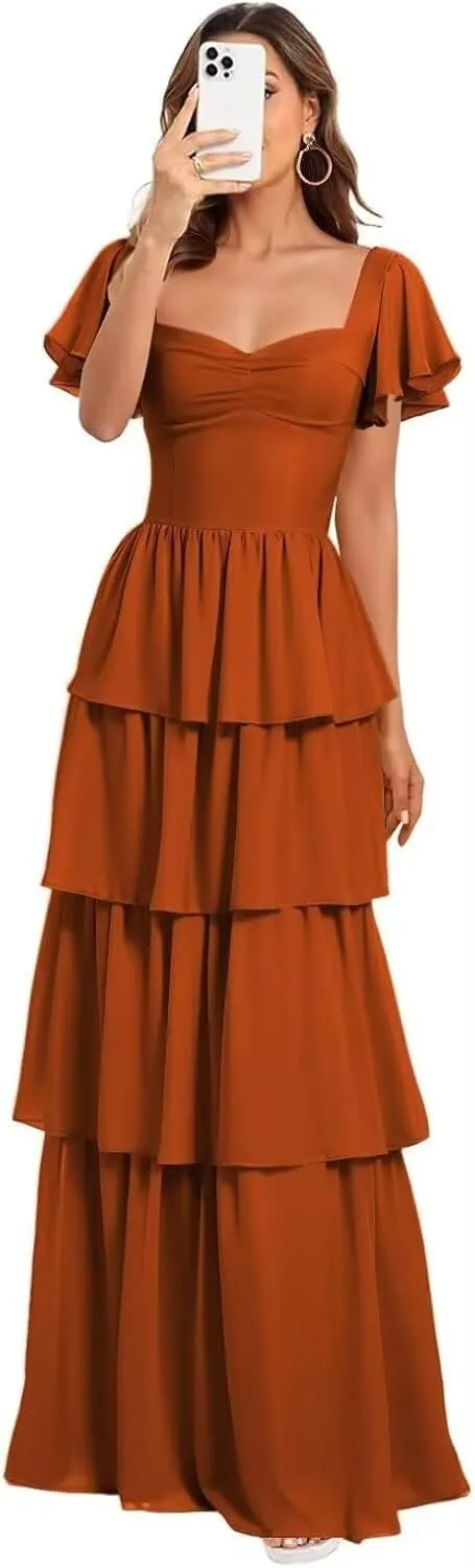 GATMAHE Short Sleeves Tiered Chiffon Bridesmaid Dresses for Women Ruffle Chiffon A Line Formal Evening Dress