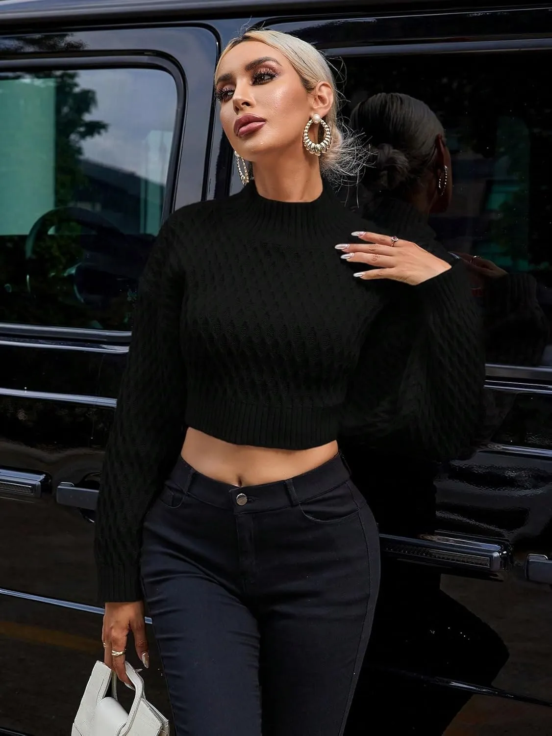 GORGLITTER Women's Bow Open Back Sweater Top Trendy Long Sleeve Backless Drop Shoulder Mock Neck Cable Knit Sweaters