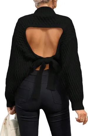 GORGLITTER Women's Bow Open Back Sweater Top Trendy Long Sleeve Backless Drop Shoulder Mock Neck Cable Knit Sweaters