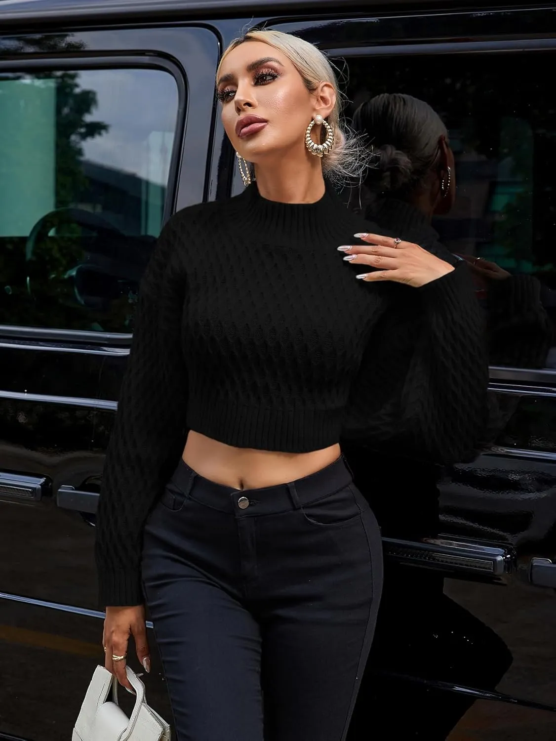 GORGLITTER Women's Bow Open Back Sweater Top Trendy Long Sleeve Backless Drop Shoulder Mock Neck Cable Knit Sweaters