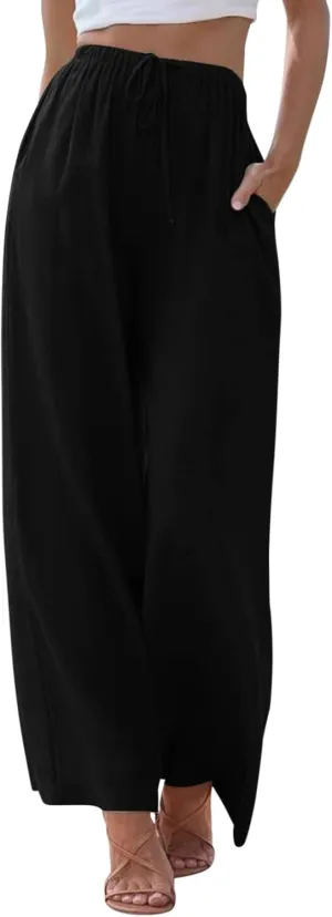 High Waisted Linen Pants for Women Casual Wide Leg Flowy Palazzo Pants Elastic Waist Lightweight Summer Beach Pant