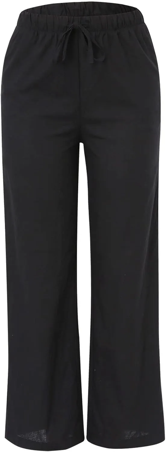 High Waisted Linen Pants for Women Casual Wide Leg Flowy Palazzo Pants Elastic Waist Lightweight Summer Beach Pant