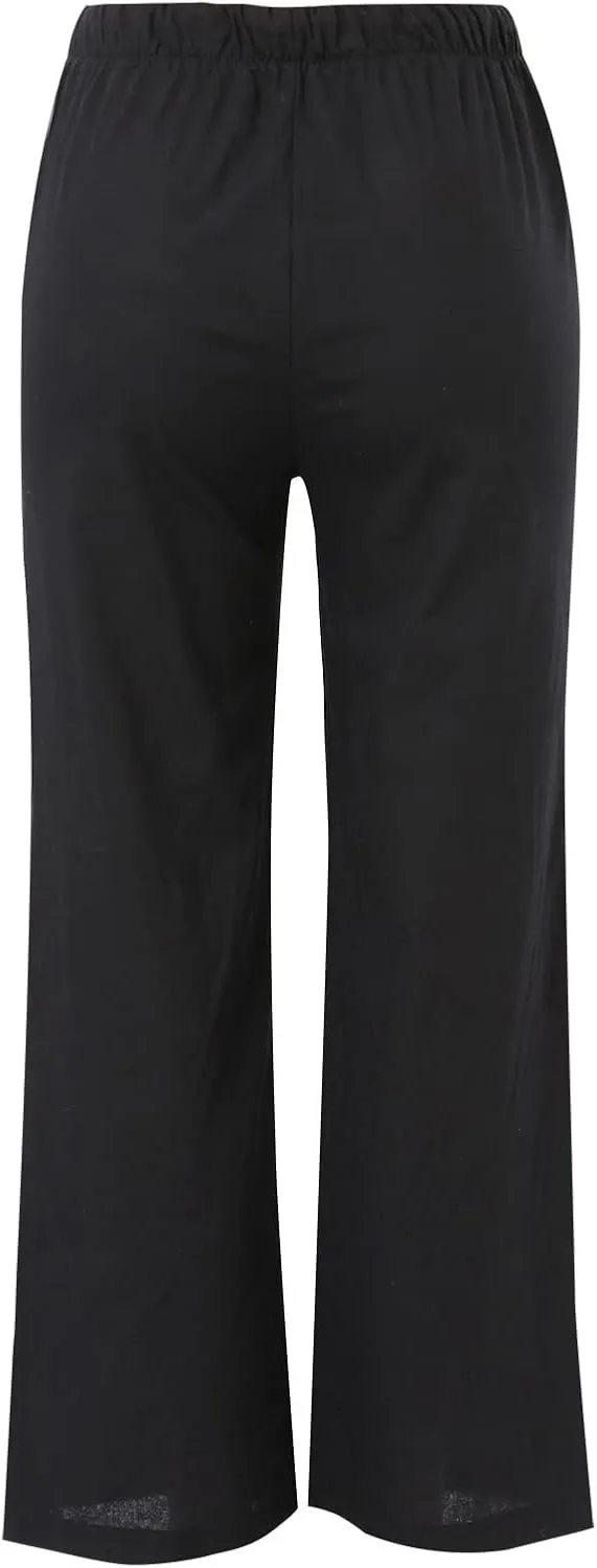High Waisted Linen Pants for Women Casual Wide Leg Flowy Palazzo Pants Elastic Waist Lightweight Summer Beach Pant