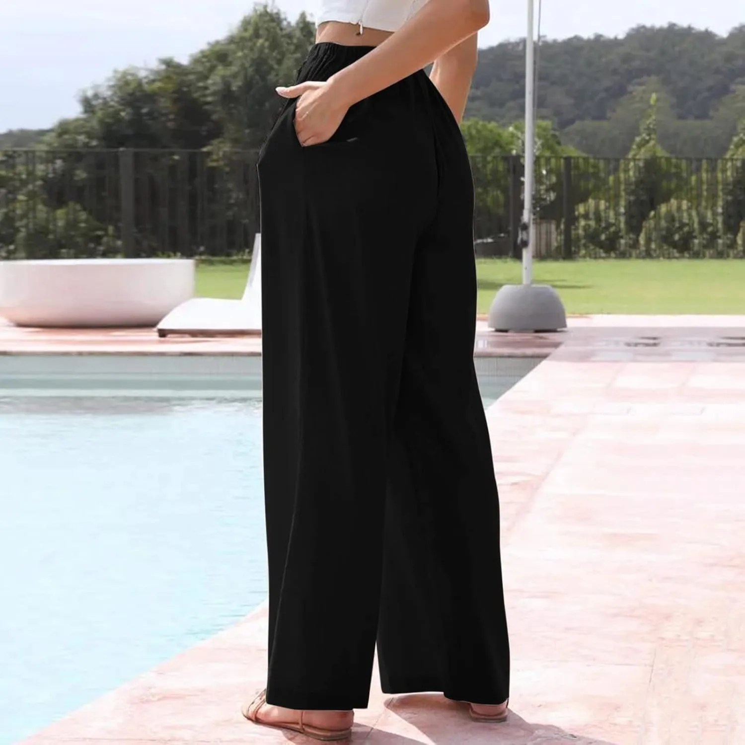 High Waisted Linen Pants for Women Casual Wide Leg Flowy Palazzo Pants Elastic Waist Lightweight Summer Beach Pant