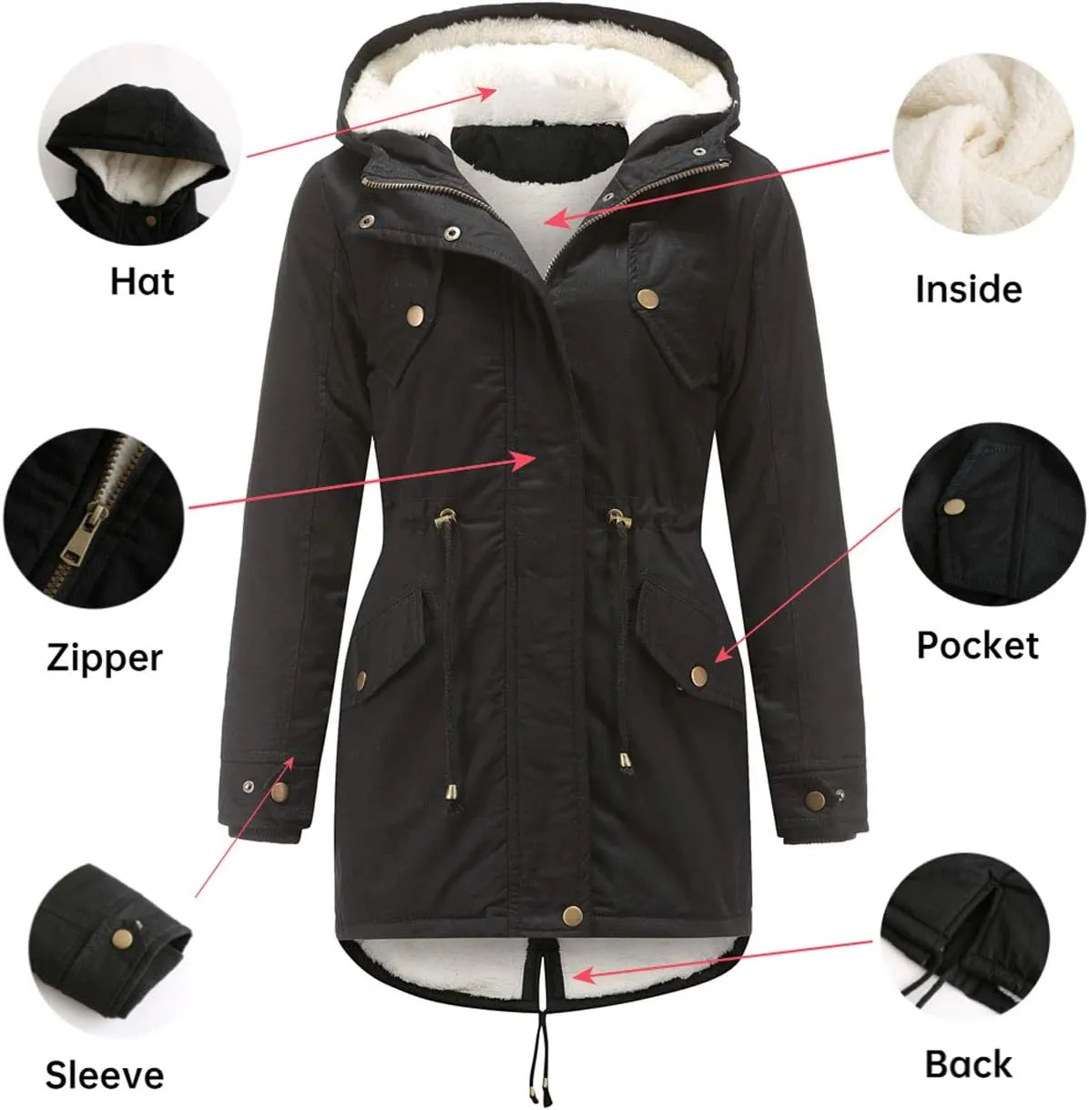 HOW'ON Women's Hooded Winter Coat Warm Fleeced Lined Long Jackets Thicken Parka Jacket