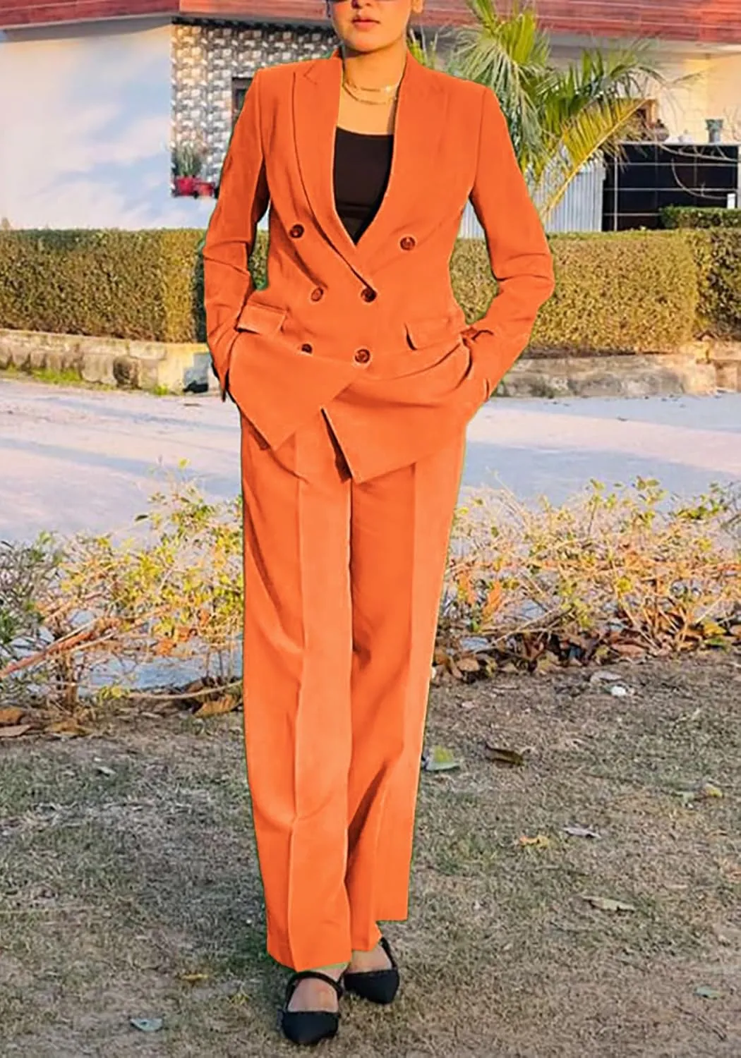 HuiSiFang Women's Business Casual Suits 2 Piece Dressy Blazer and Loose Straight Leg Pants Set