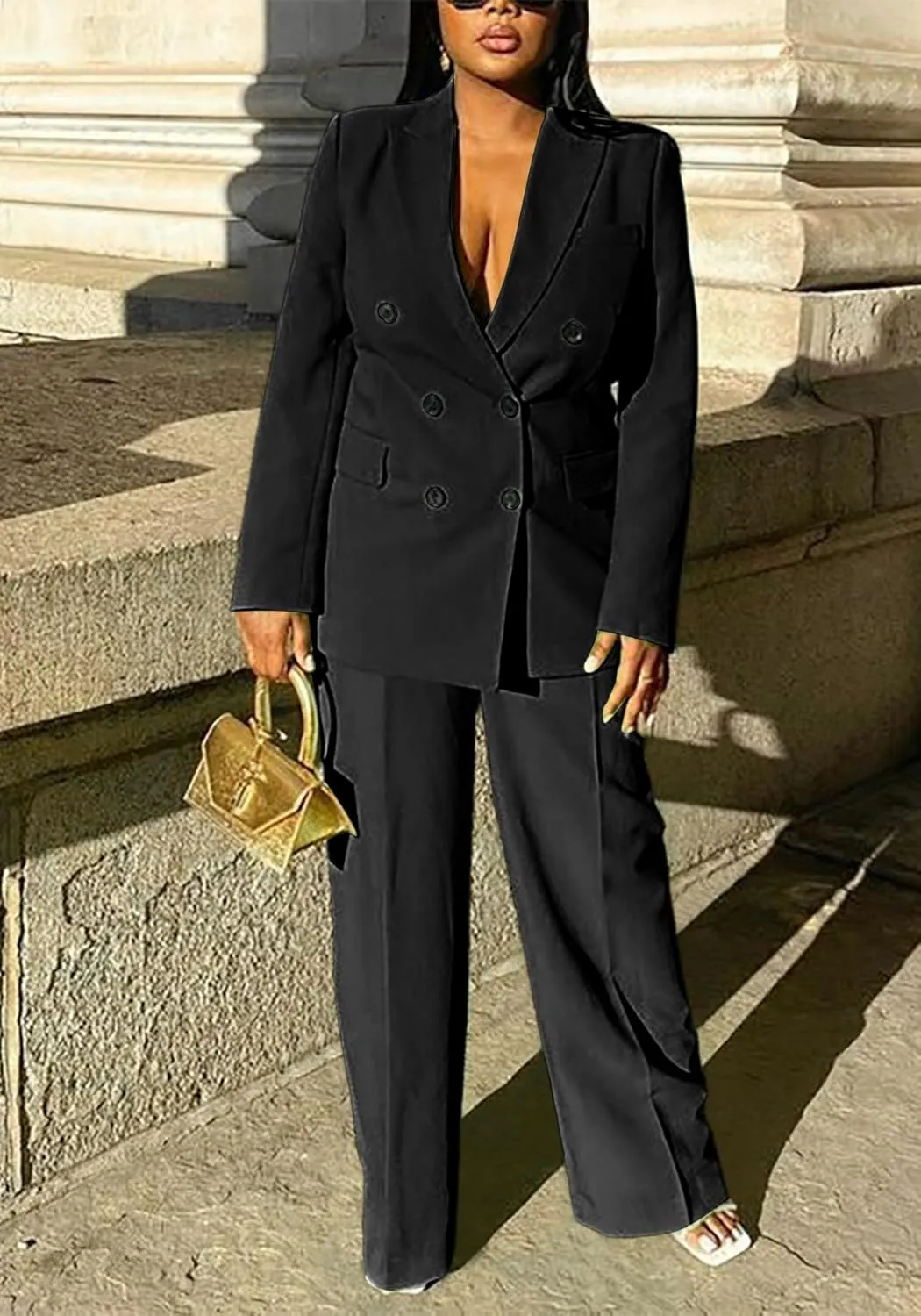 HuiSiFang Women's Business Casual Suits 2 Piece Dressy Blazer and Loose Straight Leg Pants Set