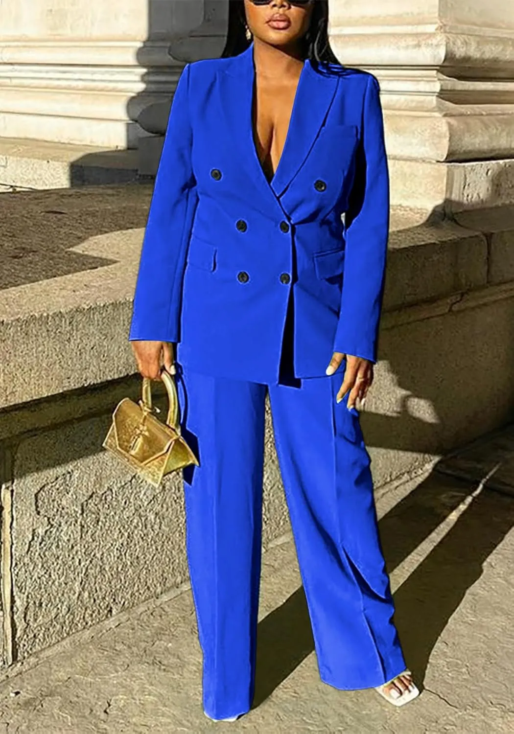 HuiSiFang Women's Business Casual Suits 2 Piece Dressy Blazer and Loose Straight Leg Pants Set