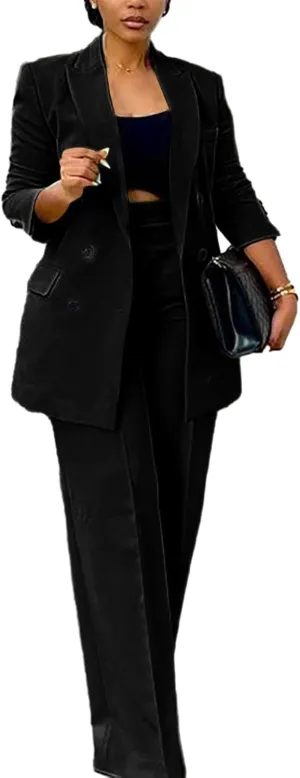 HuiSiFang Women's Business Casual Suits 2 Piece Dressy Blazer and Loose Straight Leg Pants Set
