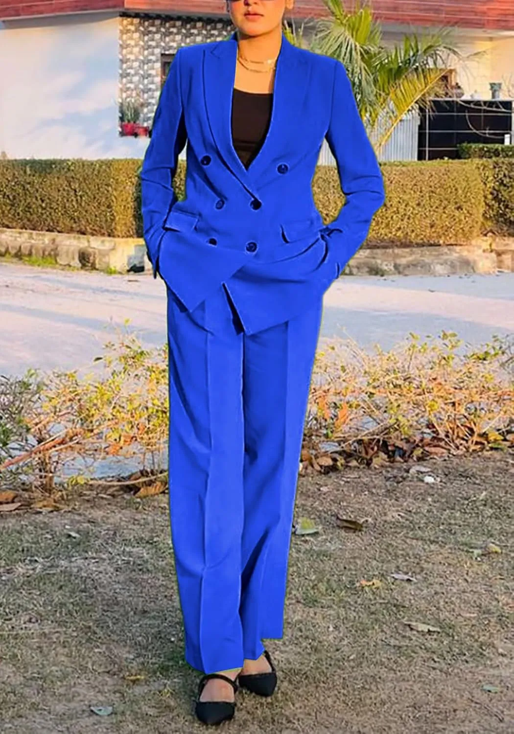 HuiSiFang Women's Business Casual Suits 2 Piece Dressy Blazer and Loose Straight Leg Pants Set