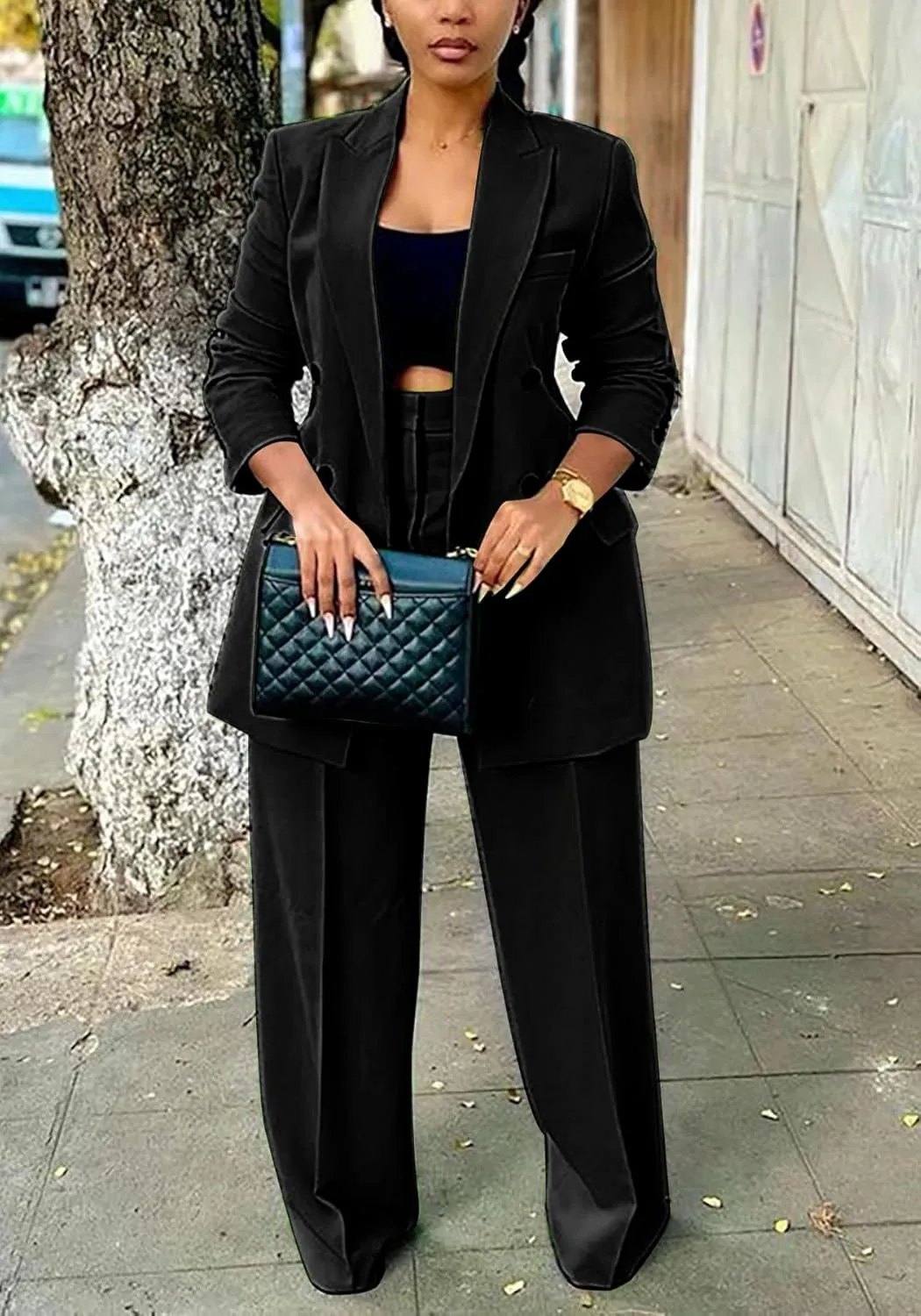 HuiSiFang Women's Business Casual Suits 2 Piece Dressy Blazer and Loose Straight Leg Pants Set