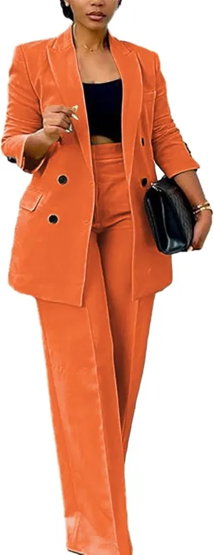 HuiSiFang Women's Business Casual Suits 2 Piece Dressy Blazer and Loose Straight Leg Pants Set