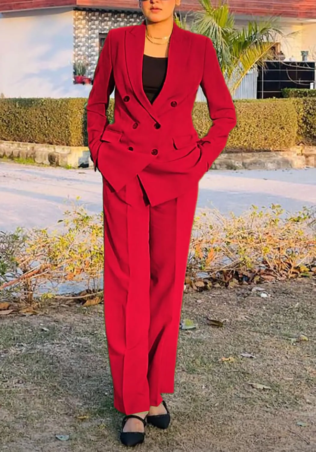 HuiSiFang Women's Business Casual Suits 2 Piece Dressy Blazer and Loose Straight Leg Pants Set