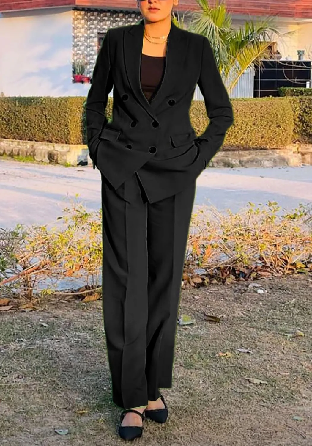 HuiSiFang Women's Business Casual Suits 2 Piece Dressy Blazer and Loose Straight Leg Pants Set