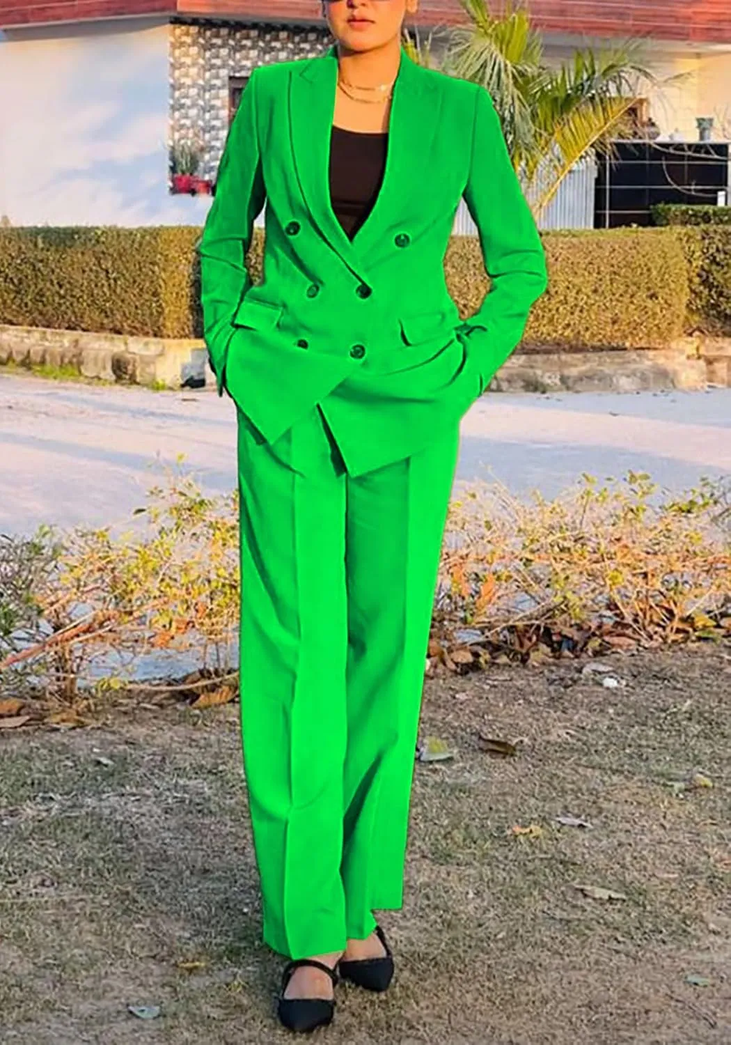 HuiSiFang Women's Business Casual Suits 2 Piece Dressy Blazer and Loose Straight Leg Pants Set