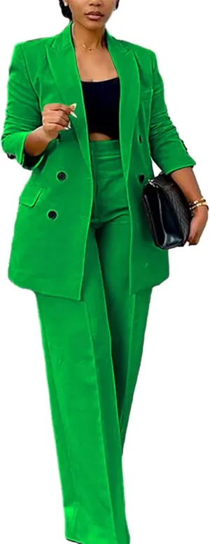 HuiSiFang Women's Business Casual Suits 2 Piece Dressy Blazer and Loose Straight Leg Pants Set