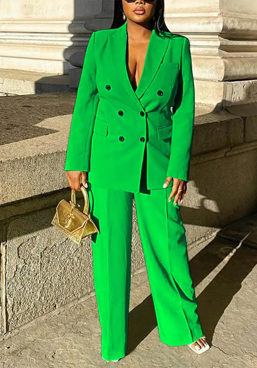 HuiSiFang Women's Business Casual Suits 2 Piece Dressy Blazer and Loose Straight Leg Pants Set