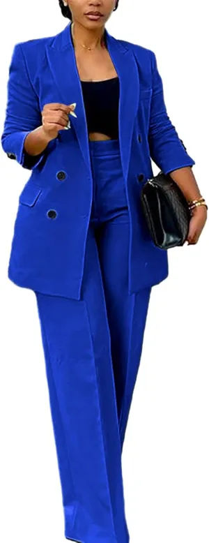 HuiSiFang Women's Business Casual Suits 2 Piece Dressy Blazer and Loose Straight Leg Pants Set