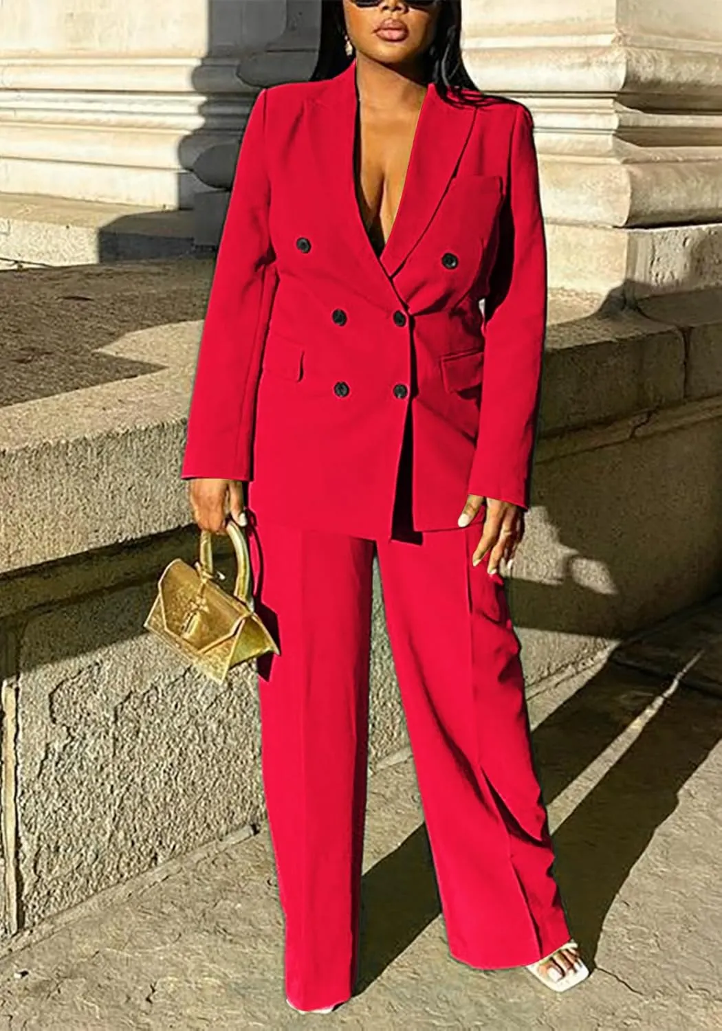HuiSiFang Women's Business Casual Suits 2 Piece Dressy Blazer and Loose Straight Leg Pants Set