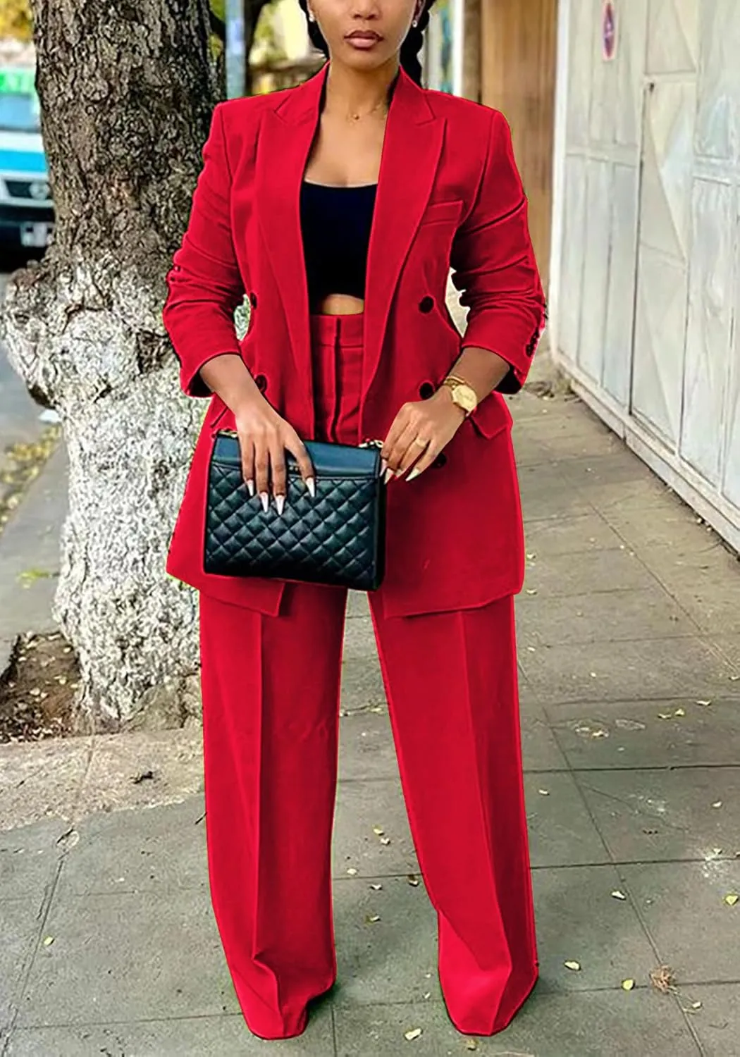 HuiSiFang Women's Business Casual Suits 2 Piece Dressy Blazer and Loose Straight Leg Pants Set
