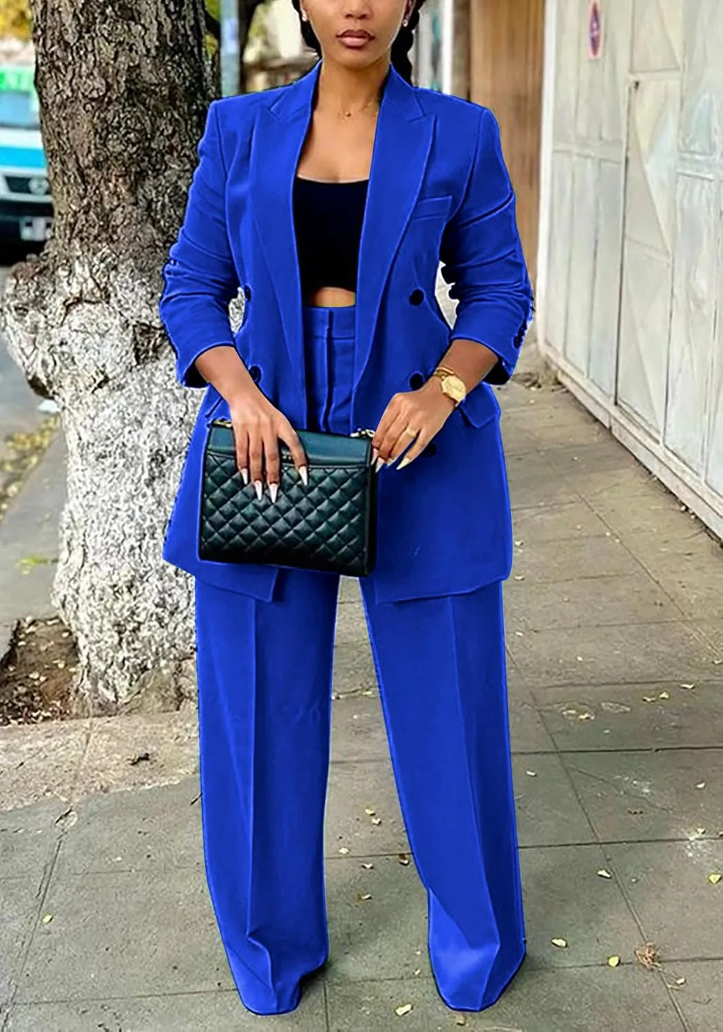 HuiSiFang Women's Business Casual Suits 2 Piece Dressy Blazer and Loose Straight Leg Pants Set
