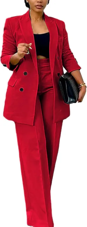 HuiSiFang Women's Business Casual Suits 2 Piece Dressy Blazer and Loose Straight Leg Pants Set