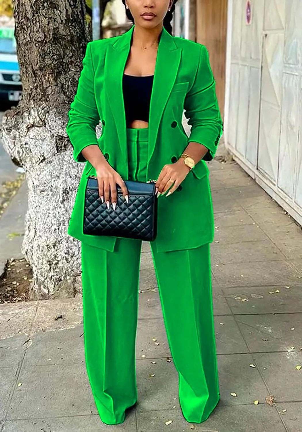 HuiSiFang Women's Business Casual Suits 2 Piece Dressy Blazer and Loose Straight Leg Pants Set
