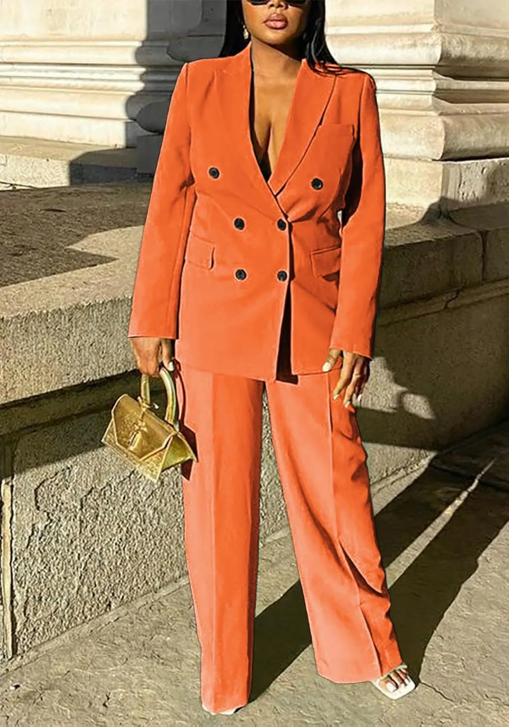 HuiSiFang Women's Business Casual Suits 2 Piece Dressy Blazer and Loose Straight Leg Pants Set
