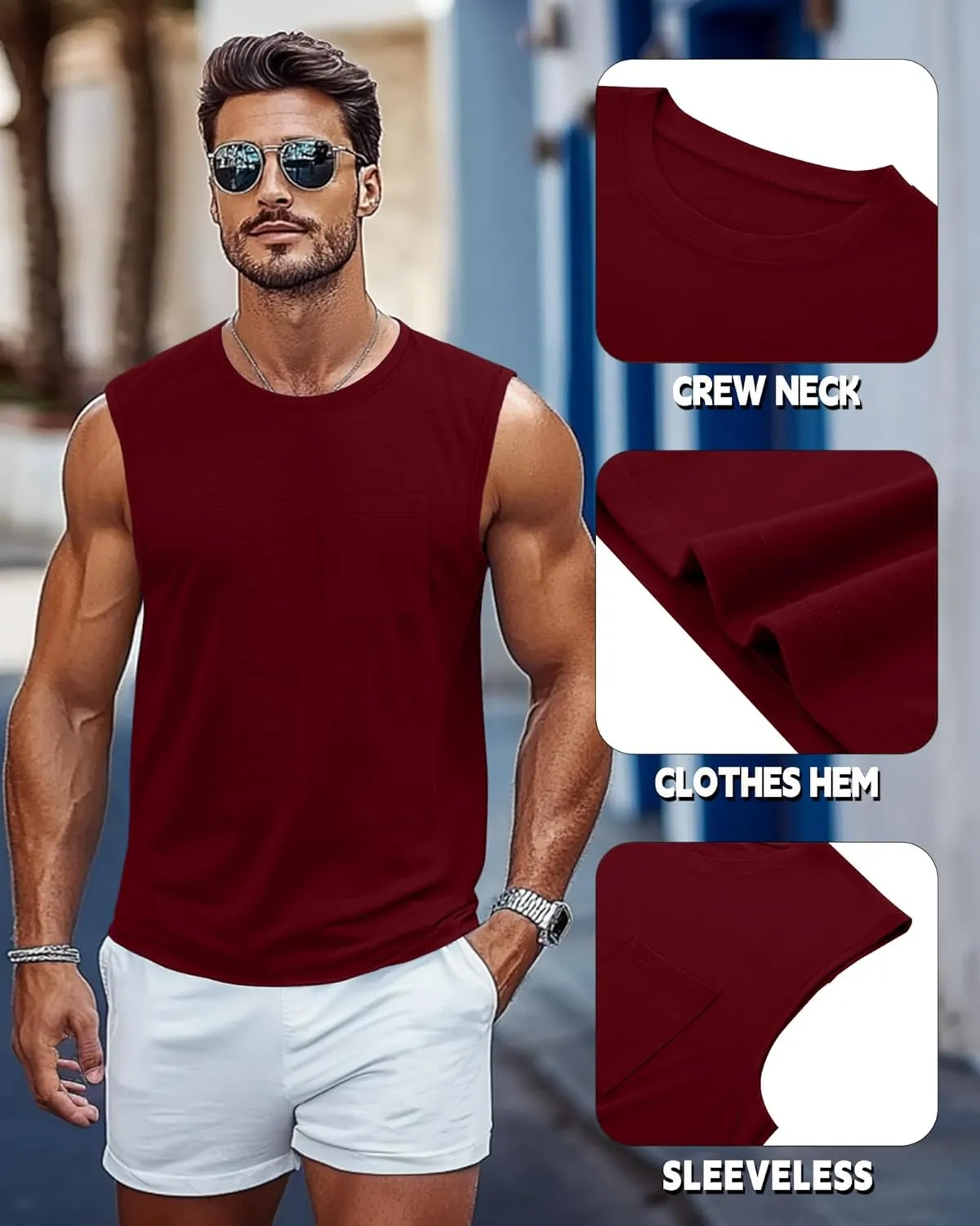 Huukeay 3 Pack Cotton Men's Big and Tall Sleeveless Tank Tops Muscle Shirts Gym Casual Workout Tees with Pocket