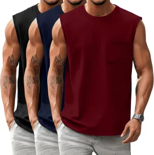 Huukeay 3 Pack Cotton Men's Big and Tall Sleeveless Tank Tops Muscle Shirts Gym Casual Workout Tees with Pocket