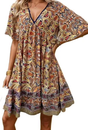 IVERIRMIN Women's Boho Floral Print Short Dress Casual Bohemian V Neck Short Sleeve Beach Vacation Mini Dresses