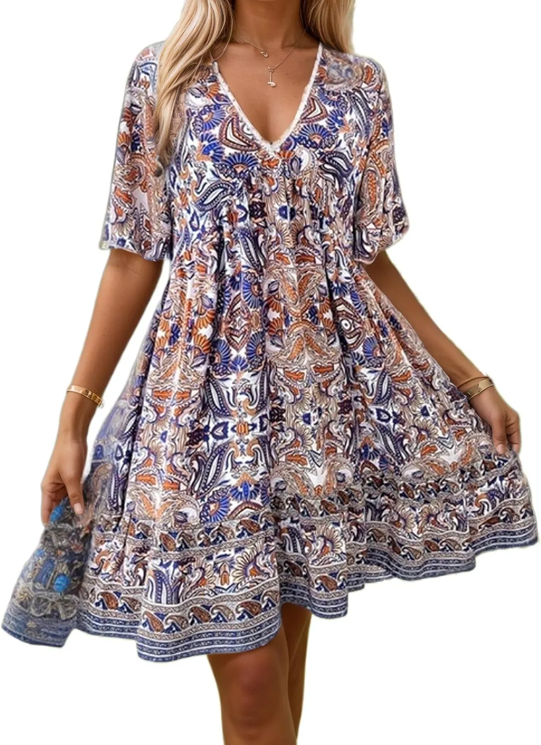 IVERIRMIN Women's Boho Floral Print Short Dress Casual Bohemian V Neck Short Sleeve Beach Vacation Mini Dresses