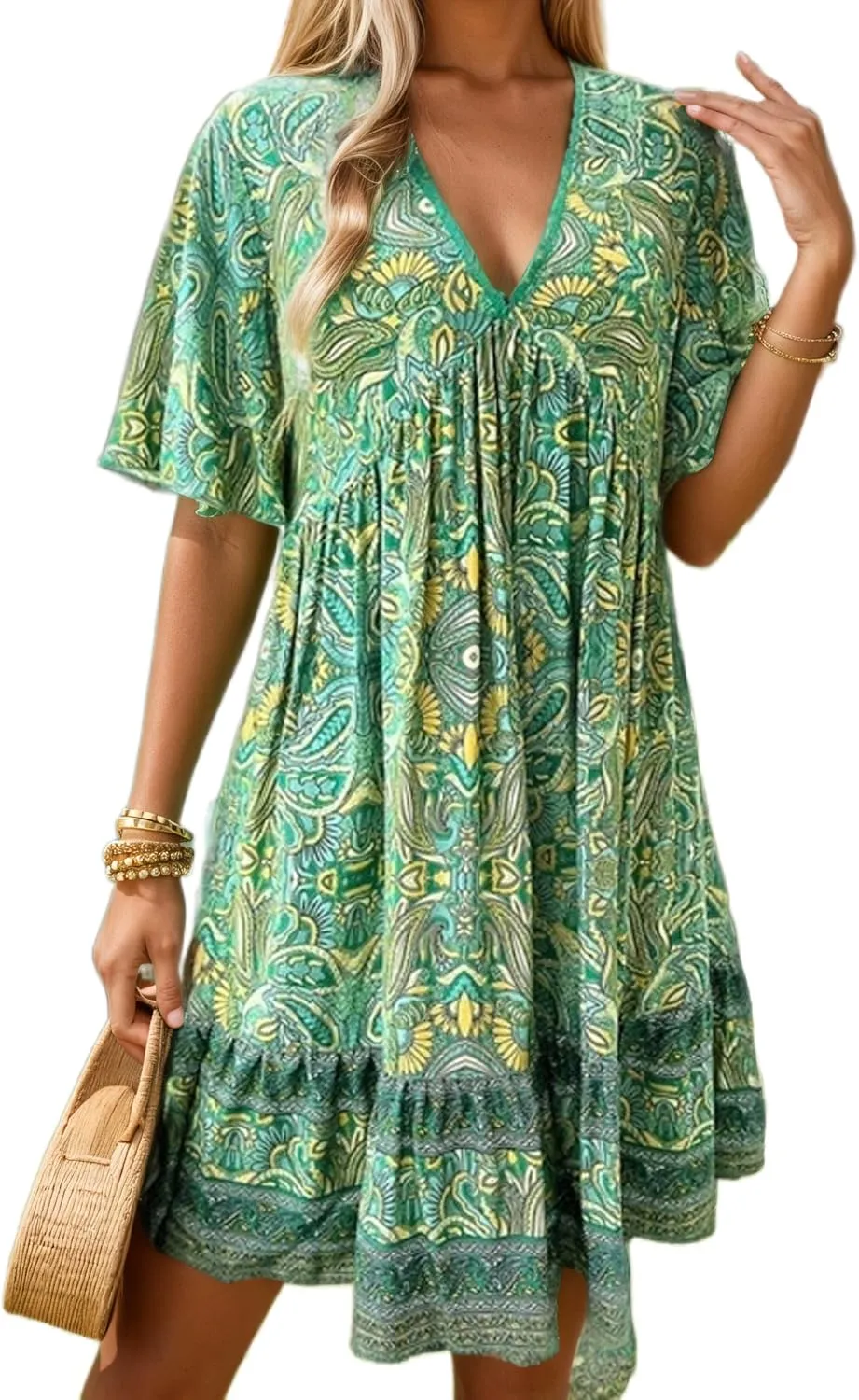 IVERIRMIN Women's Boho Floral Print Short Dress Casual Bohemian V Neck Short Sleeve Beach Vacation Mini Dresses