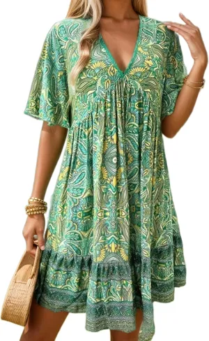 IVERIRMIN Women's Boho Floral Print Short Dress Casual Bohemian V Neck Short Sleeve Beach Vacation Mini Dresses