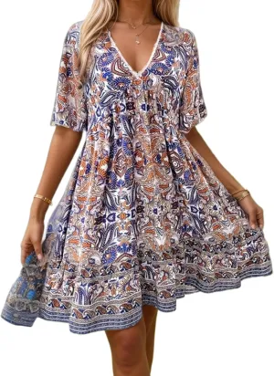 IVERIRMIN Women's Boho Floral Print Short Dress Casual Bohemian V Neck Short Sleeve Beach Vacation Mini Dresses