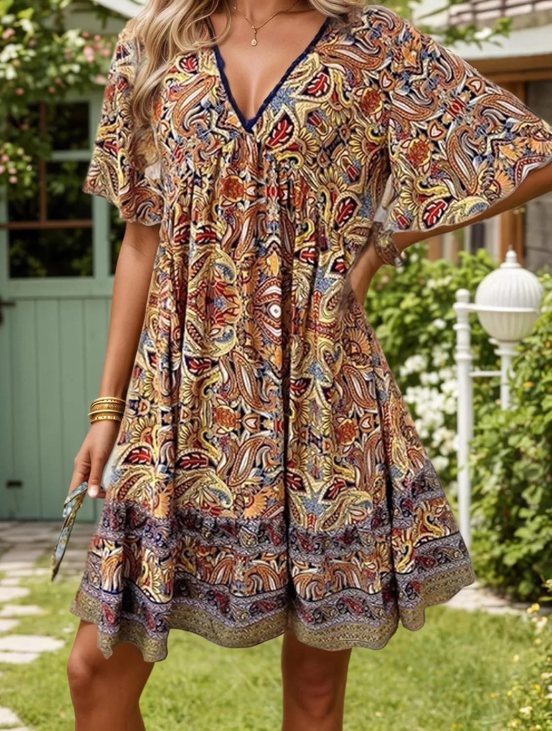IVERIRMIN Women's Boho Floral Print Short Dress Casual Bohemian V Neck Short Sleeve Beach Vacation Mini Dresses