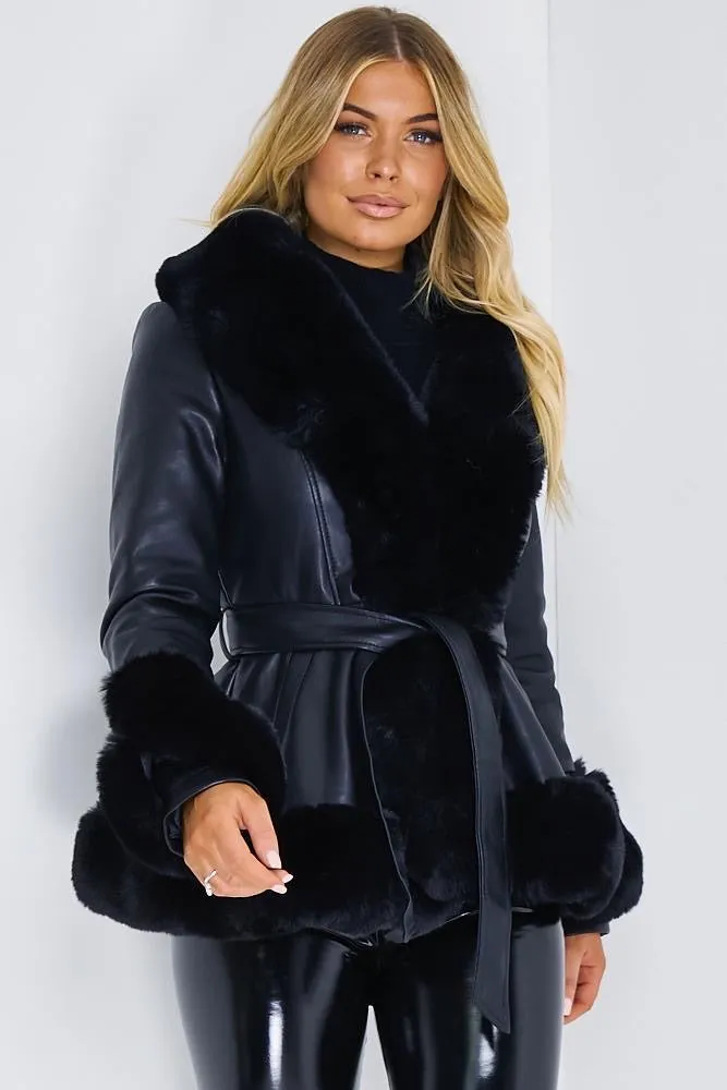 Izzy Black PU Faux Leather Faux Fur Trim Belted Coat