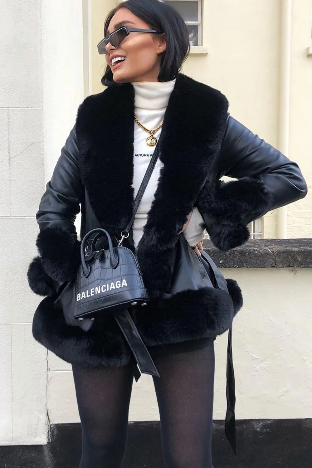 Izzy Black PU Faux Leather Faux Fur Trim Belted Coat