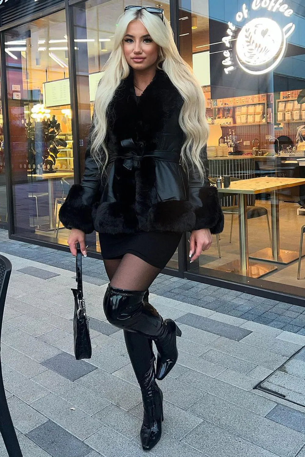 Izzy Black PU Faux Leather Faux Fur Trim Belted Coat