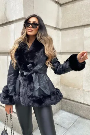 Izzy Black PU Faux Leather Faux Fur Trim Belted Coat