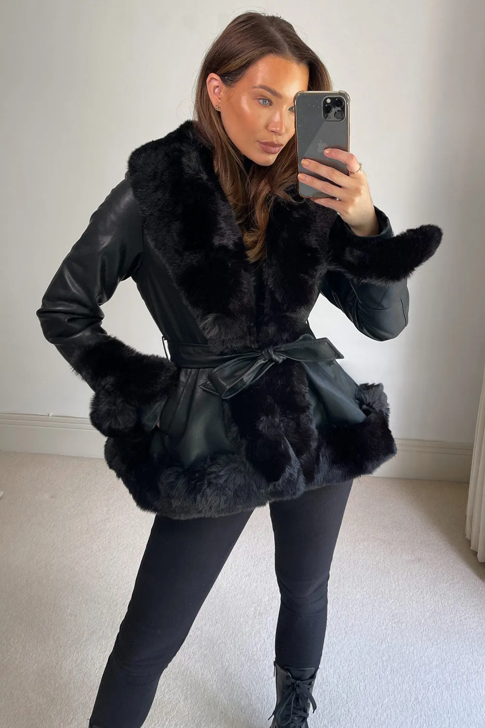Izzy Black PU Faux Leather Faux Fur Trim Belted Coat