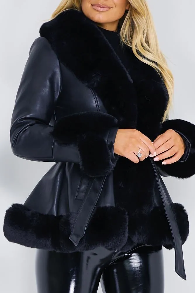 Izzy Black PU Faux Leather Faux Fur Trim Belted Coat