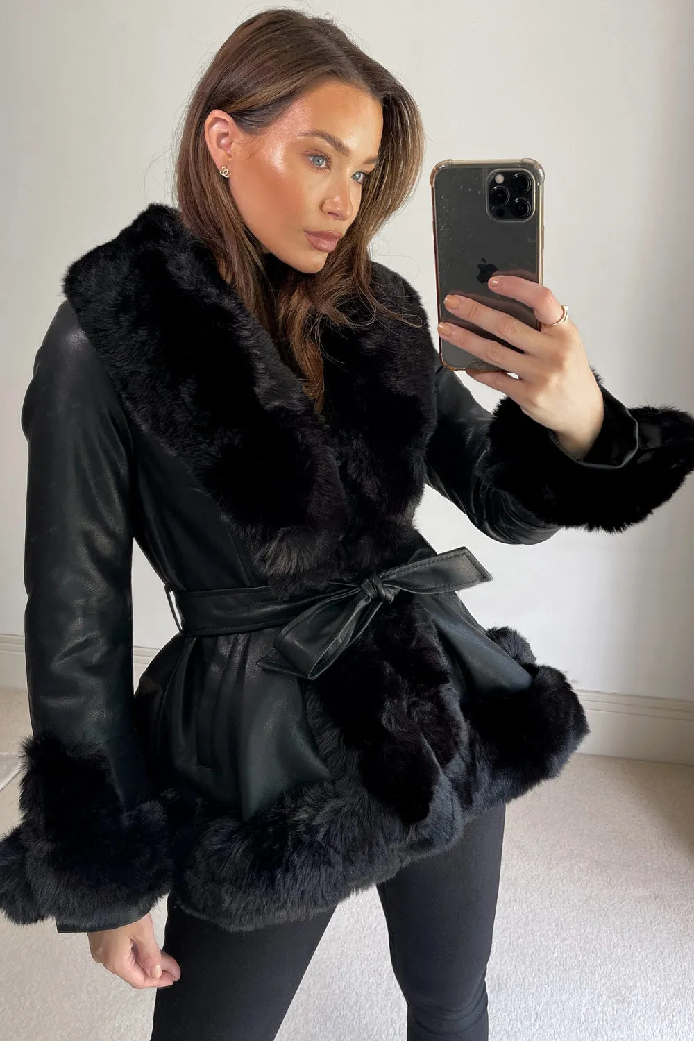 Izzy Black PU Faux Leather Faux Fur Trim Belted Coat