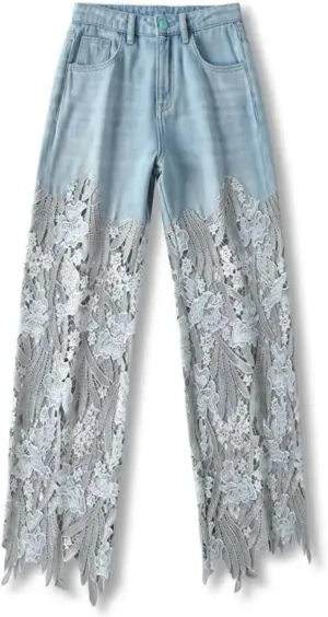 Jeans for Women High Waist Lace Patchwork Hollow Out Irregular Trousers Female Casual Loose All-Match Pants