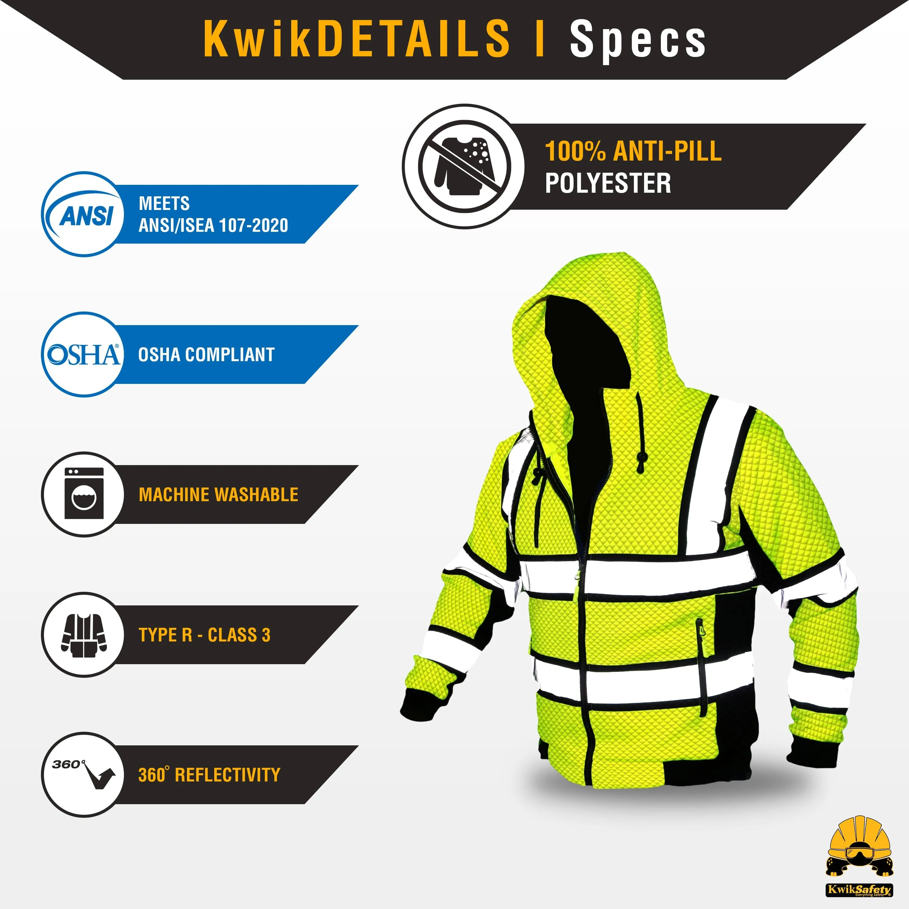 KwikSafety SAGE Safety Hoodie (PREMIUM QUILTED STITCHING) Class 3 ANSI Tested OSHA Compliant Hi Vis Reflective PPE - Model No.: KS5505