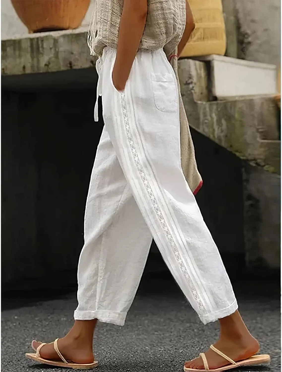 LOAIHA Women's Cotton Linen Pants Summer Casual Elastic High Waist Solid Straight Wide Leg Loose Fit Pants with Pockets